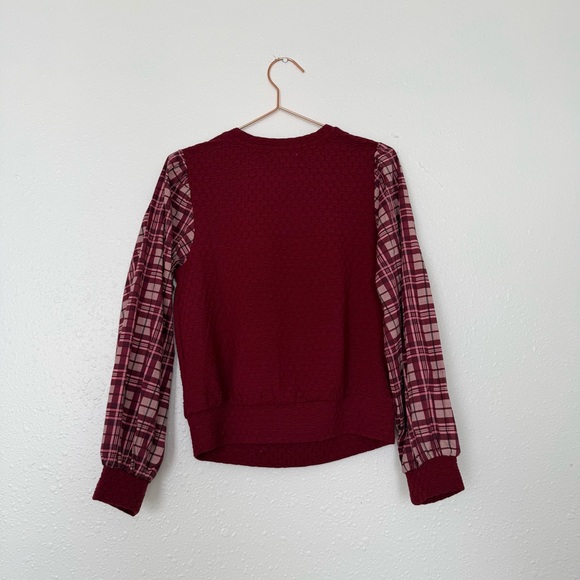 Porridge Burgundy Top with Plaid Sleeves - Picture 2 of 6